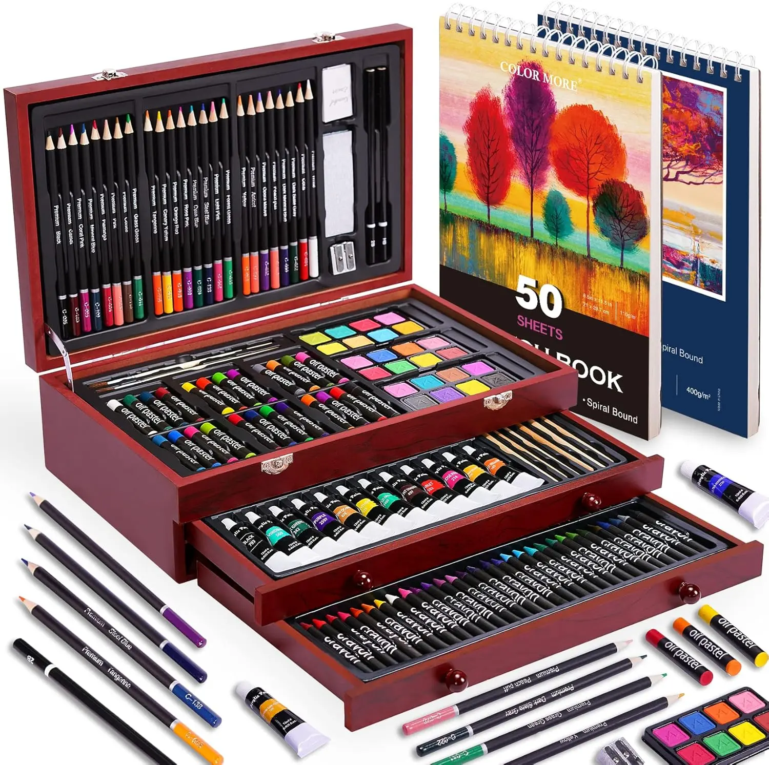 175 Piece Deluxe Art Set with 2 Drawing Pads, Acrylic Paints, Crayons, Colored Pencils, Paint Set in Wooden Case, Professional Art Kit, Art Supplies for Adults, Teens and Artist, WoodMuse Plus image 1