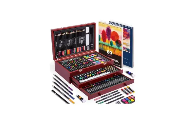 175 Piece Deluxe Art Set with 2 Drawing Pads, Acrylic Paints, Crayons, Colored Pencils, Paint Set in Wooden Case, Professional Art Kit, Art Supplies for Adults, Teens and Artist, WoodMuse Plus image