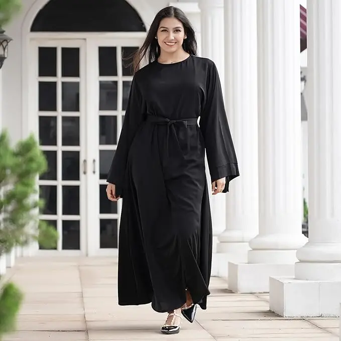 OLEMEK Kaftan Abayas for Women Muslim Maxi Dress Dubai One-piece Loose Full Cover Elegant Belted Pleated Long Dresses image 2
