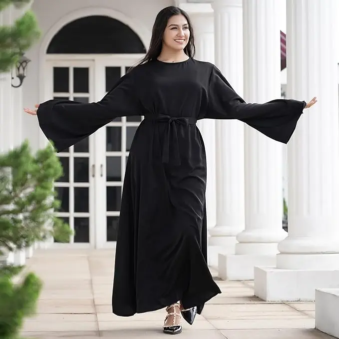 OLEMEK Kaftan Abayas for Women Muslim Maxi Dress Dubai One-piece Loose Full Cover Elegant Belted Pleated Long Dresses image 4