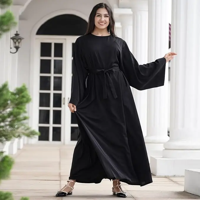 OLEMEK Kaftan Abayas for Women Muslim Maxi Dress Dubai One-piece Loose Full Cover Elegant Belted Pleated Long Dresses image 5