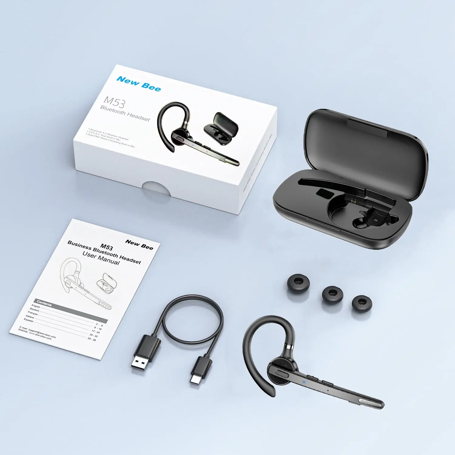 New Bee Bluetooth Headphones,V5.1 Wireless Bluetooth Earpiece, 72H Talk Time, 500mAh Charging Case, ENC Dual Mic, Dual Device Connect, Ear Hook Design, USB-C/Wireless Charging, for Work/Driving/Calls image 9