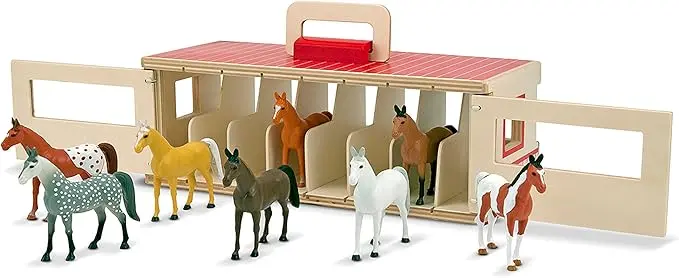 Melissa & Doug Take-Along Show-Horse Stable Play Set With Wooden Stable Box and 8 Toy Horses image 1