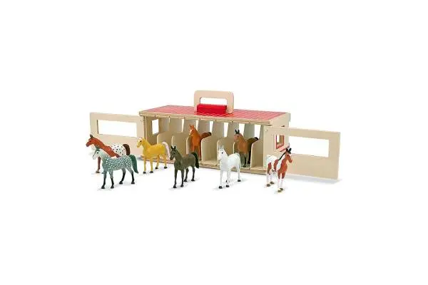 Melissa & Doug Take-Along Show-Horse Stable Play Set With Wooden Stable Box and 8 Toy Horses image