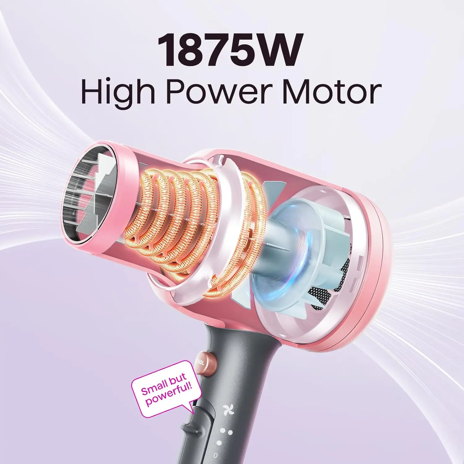 Wavytalk Hair Dryer, Blown Away Ionic Hair Dryer for Curly Hair with Diffuser, 1875W Fast Drying Blow Dryer with Ceramic Technology, 3 Attachments for All Hair Types, Light and Quiet, Rose Gold image 3