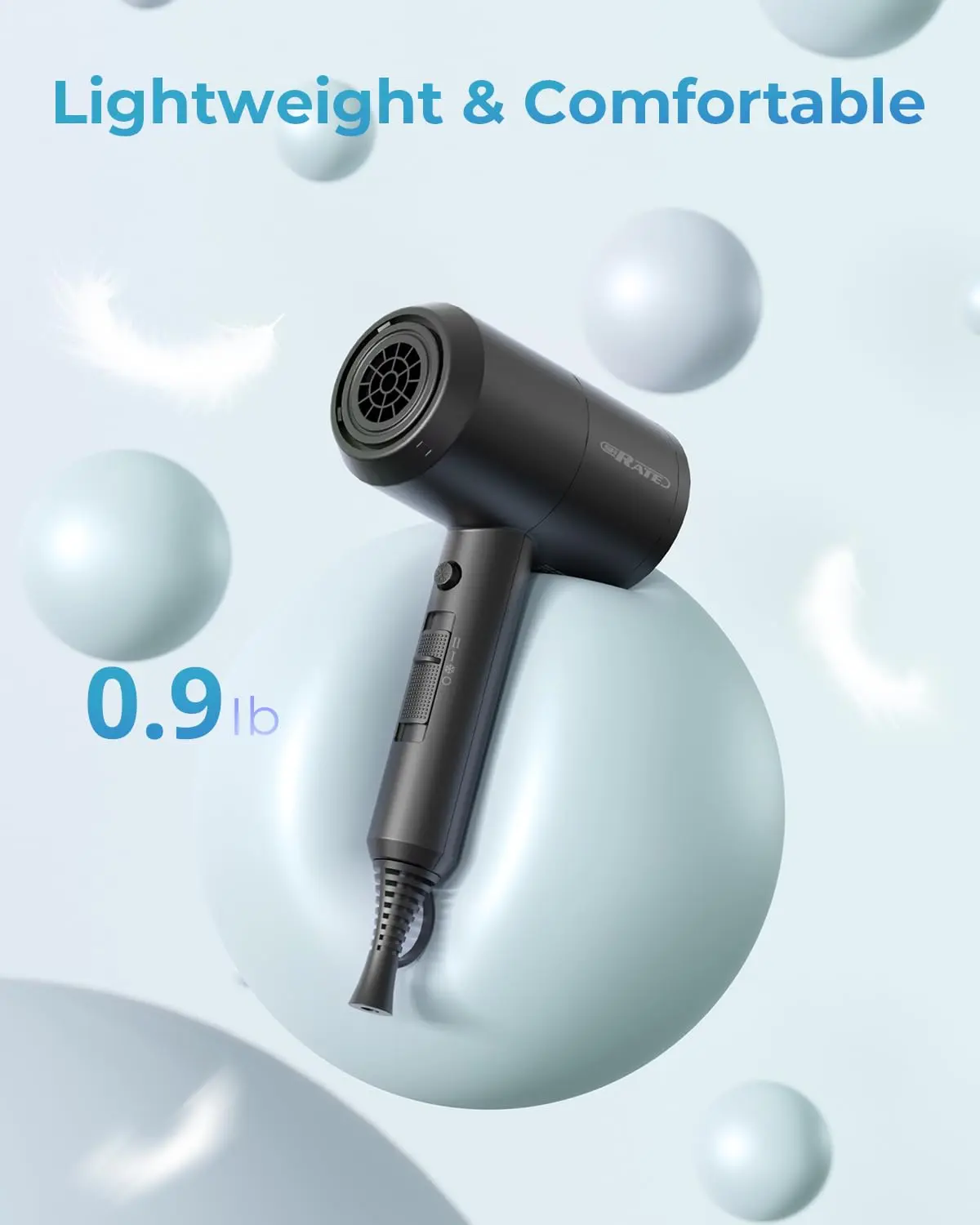 SHRATE Lightweight Ionic Hair Dryer with Diffuser - Powerful 1800W Blow Dryer for Fast Drying - Professional Low Noise Mini Hair Dryer for Travel, Gifts, Hair Styling (Black) image 3