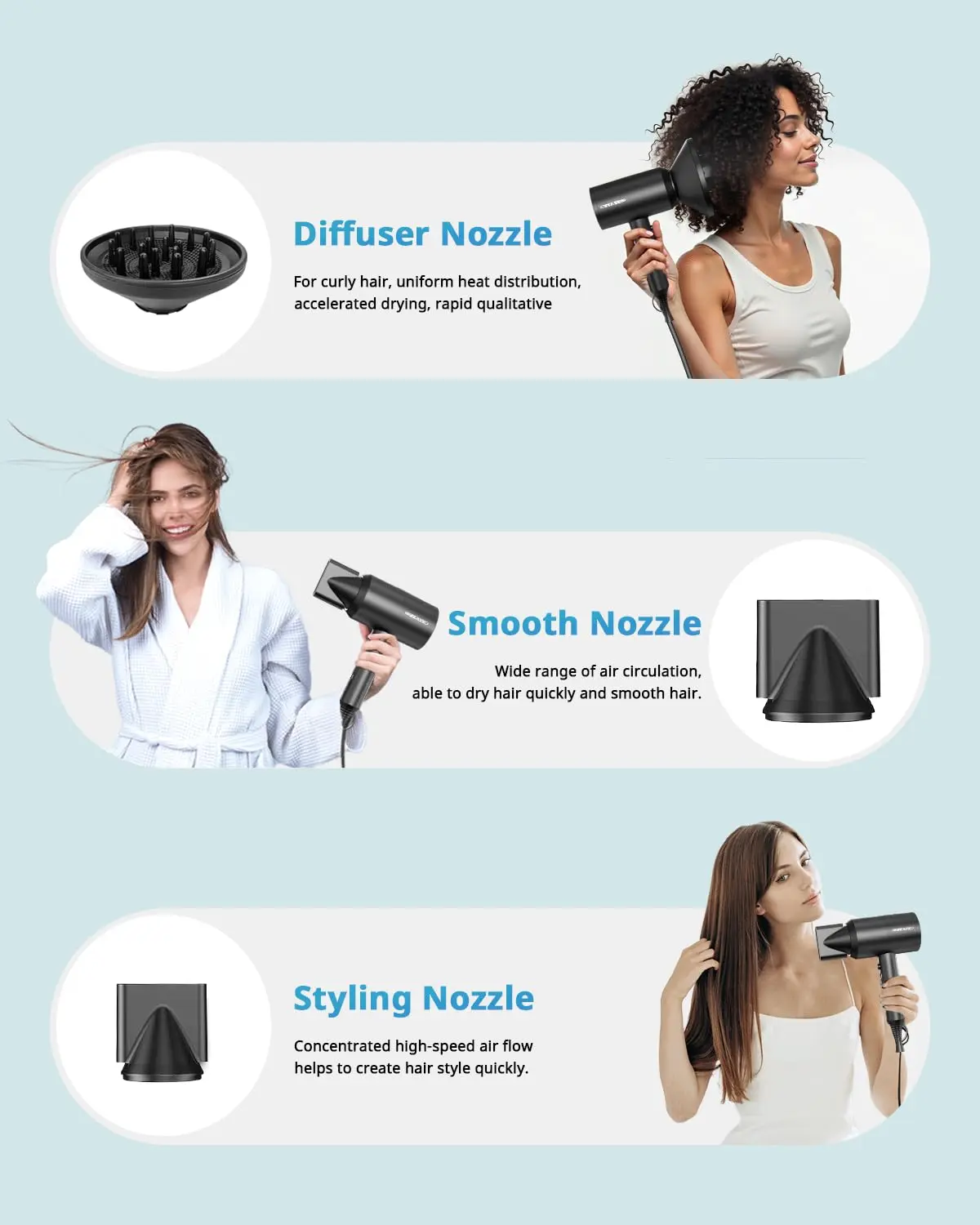 SHRATE Lightweight Ionic Hair Dryer with Diffuser - Powerful 1800W Blow Dryer for Fast Drying - Professional Low Noise Mini Hair Dryer for Travel, Gifts, Hair Styling (Black) image 4