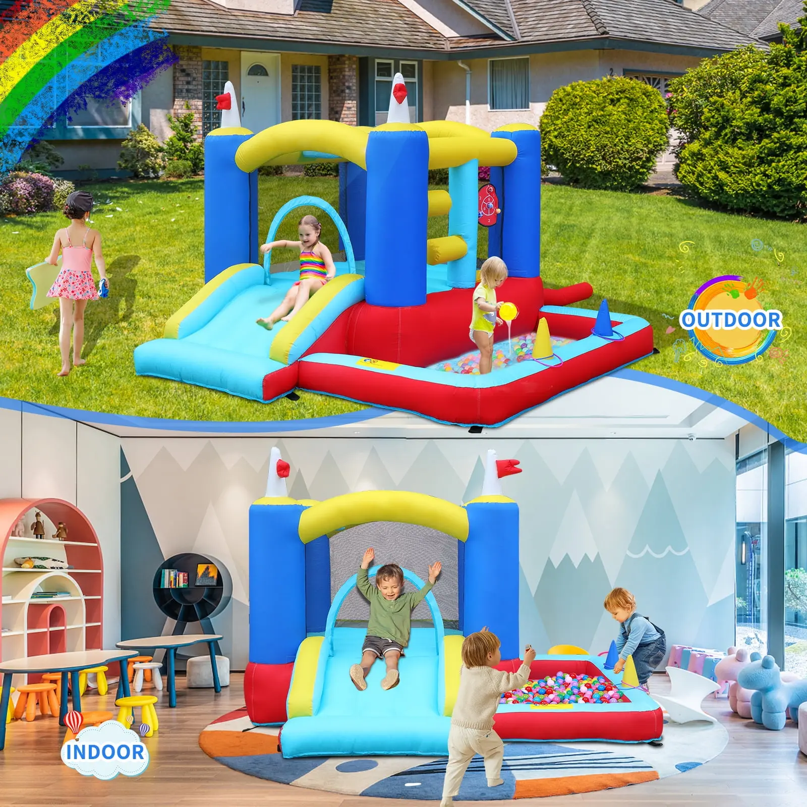 Ktaxon Inflatable Bounce House with Blower for Kids 3+, Indoor & Outdoor Bouncy Castle with Slide, Perfect for Birthday Parties, Backyard, Lawn image 4