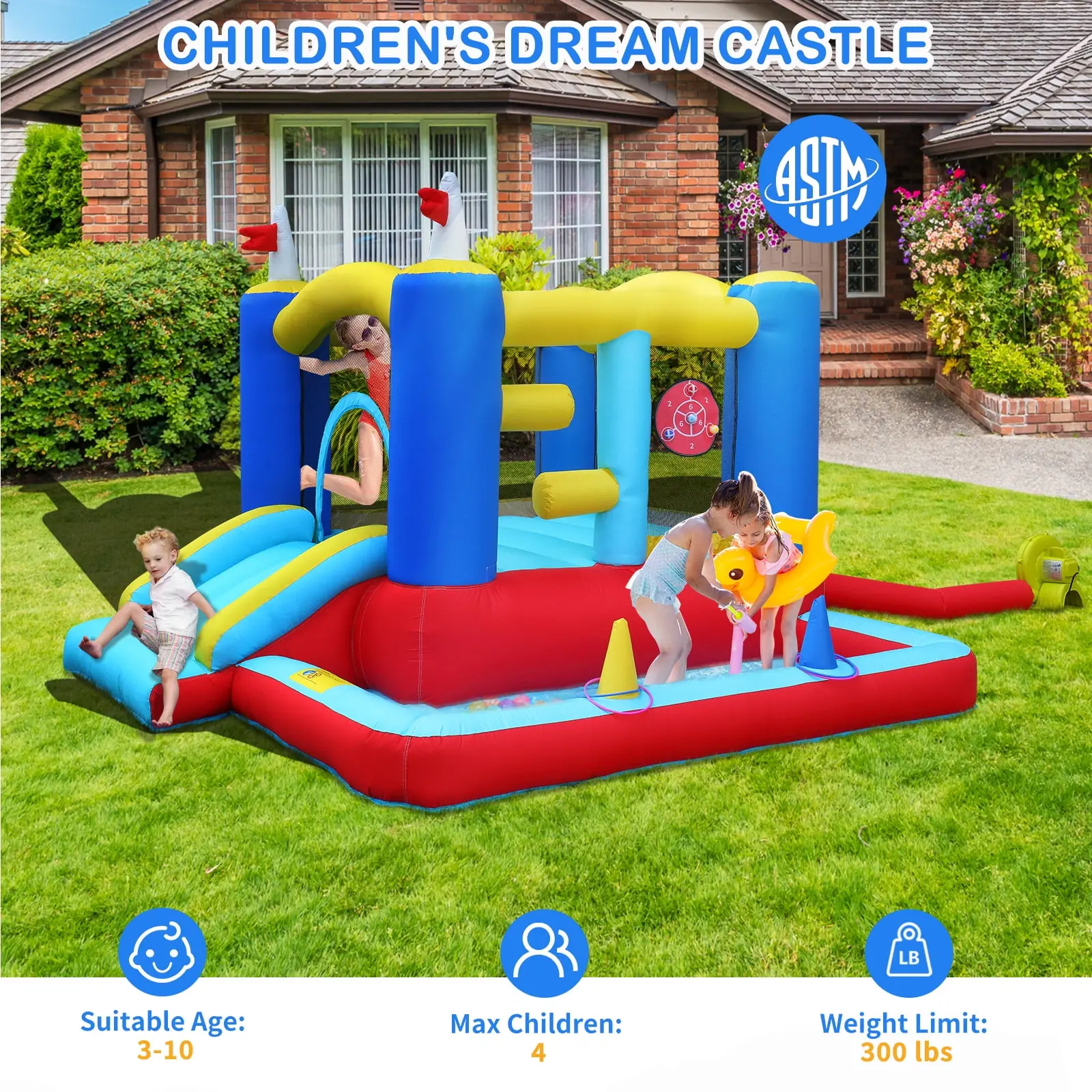 Ktaxon Inflatable Bounce House with Blower for Kids 3+, Indoor & Outdoor Bouncy Castle with Slide, Perfect for Birthday Parties, Backyard, Lawn image 6
