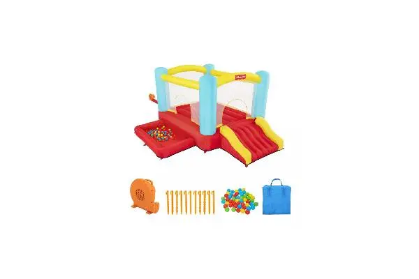 Fisher-Price Bouncemania Inflatable Mega Bouncer with 50 Piece Play Balls, 11 Bounce Stakes, Storage Bag, Blower, and Repair Kit, Multicolor image