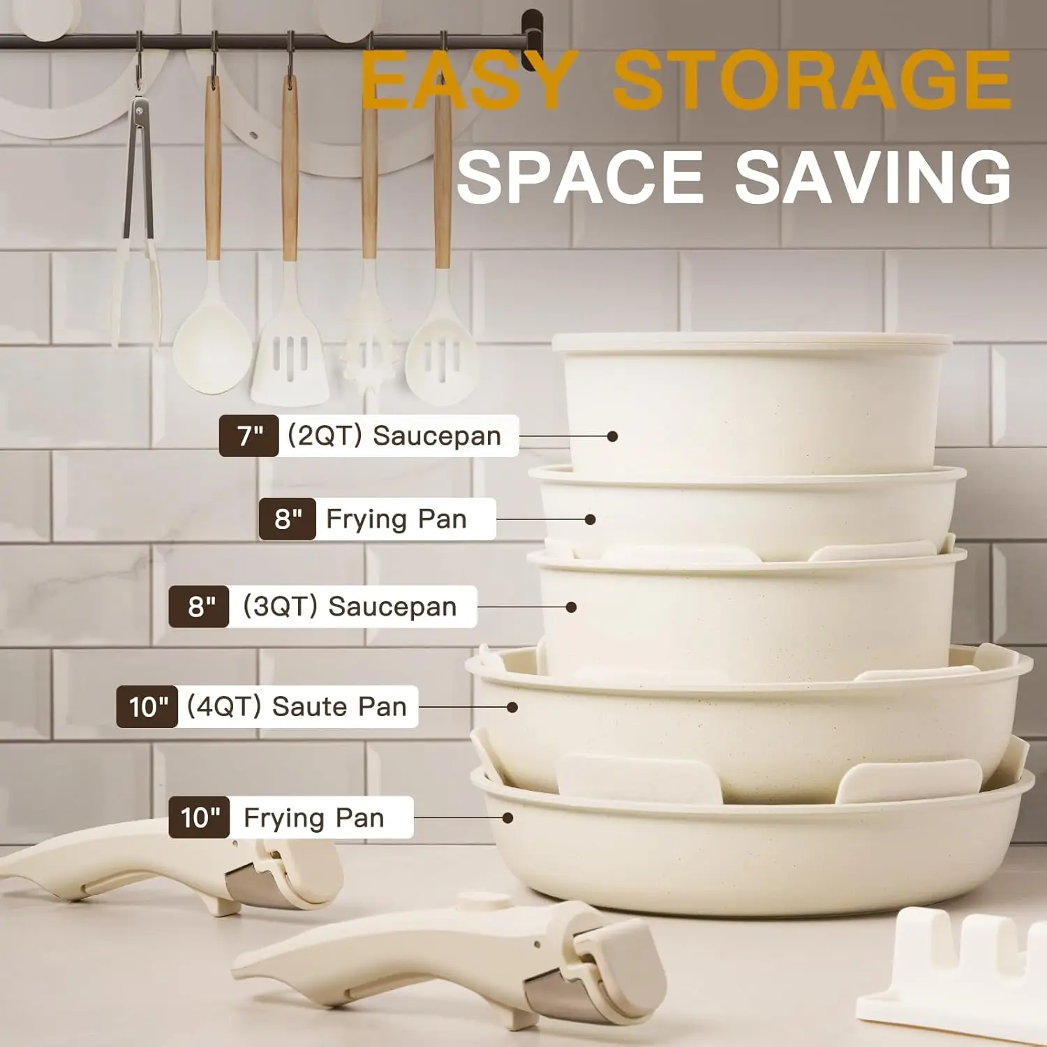 Astercook 21 Pcs Pots and Pans Set Non Stick, Ceramic Cookware Set Detachable Handle, RV Kitchen Cooking Set Removable Handles, Oven Safe, Induction Ready, Stackable Non-stick Set, Cream White image 9