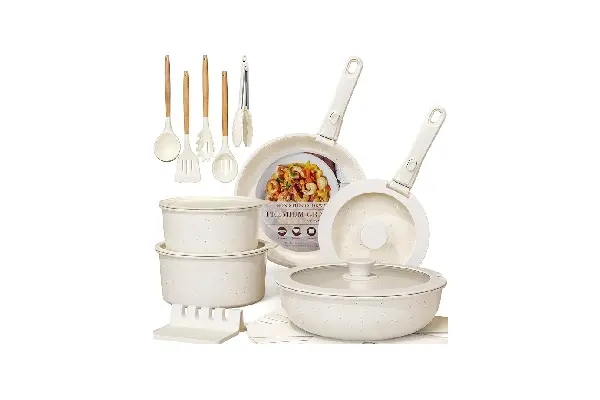 Astercook 21 Pcs Pots and Pans Set Non Stick, Ceramic Cookware Set Detachable Handle, RV Kitchen Cooking Set Removable Handles, Oven Safe, Induction Ready, Stackable Non-stick Set, Cream White image