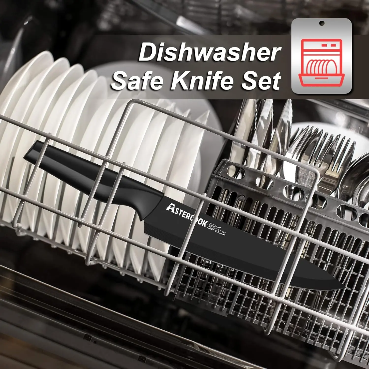 Knife Set, Astercook 21 Pieces Knife Sets for Kitchen with Block, Dishwasher Safe Kitchen Knife Set with Built-in Sharpener, German Stainless Steel Black Knife Block Set image 7