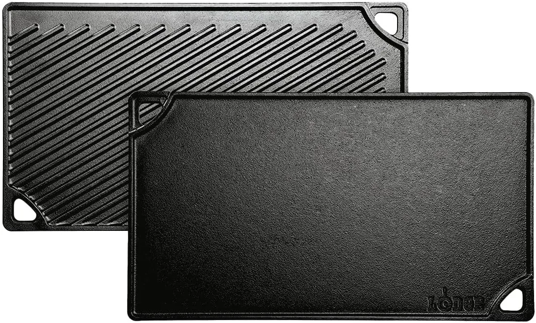 Lodge Reversible Cast Iron Grill/Griddle – 9.5 x 16.75 Inch Pre-Seasoned Cooking Surface – Flat & Ribbed Sides – Use on Stove, Grill, or Campfire – Made in the USA – Heavy-Duty, Black image 1