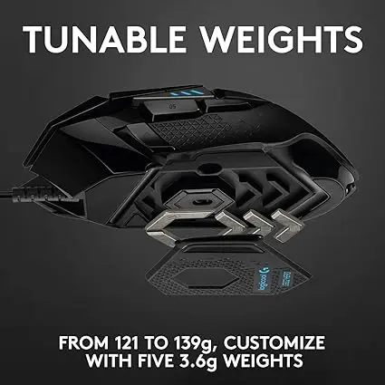 Logitech G502 HERO High Performance Wired Gaming Mouse, HERO 25K Sensor, 25,600 DPI, RGB, Adjustable Weights, 11 Programmable Buttons, On-Board Memory, PC / Mac image 3