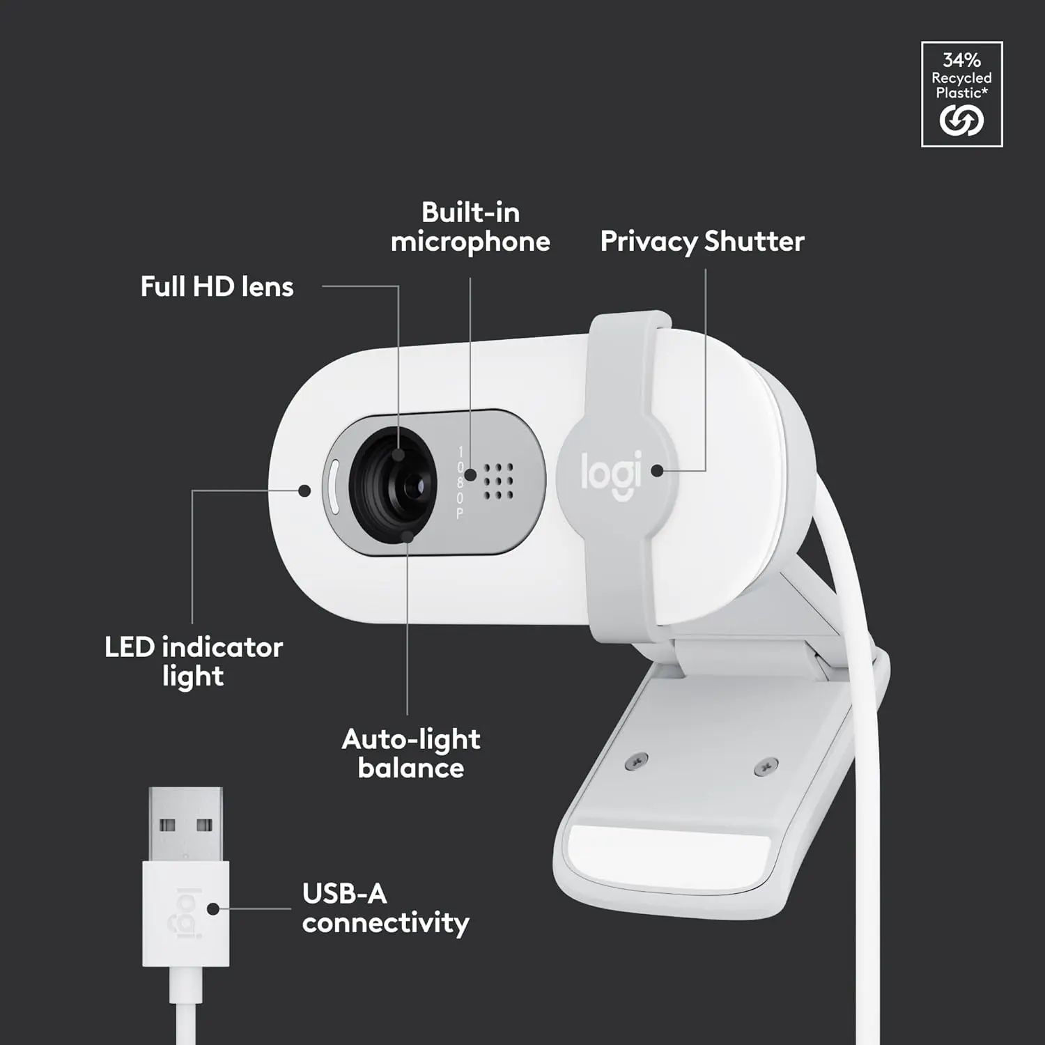 Logitech Brio 100 Full HD 1080p Webcam for Meetings, Streaming, Desktop, Laptop, PC - Built-in Mic, Shutter, USB-A, Teams, Zoom - Off-White image 6
