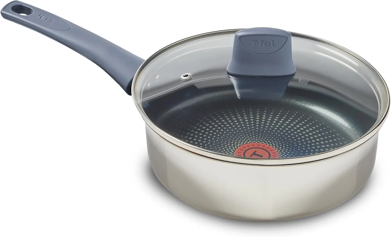 T-fal Essentials Stainless Steel Saute Pan w/Non Stick Coating & Glass Lid, 3.5 Quart, All Cooktops Including Induction, Oven Safe 350F, Heat Indicator, Measuring Marks, Dishwasher Safe, Silver/Blue image 1