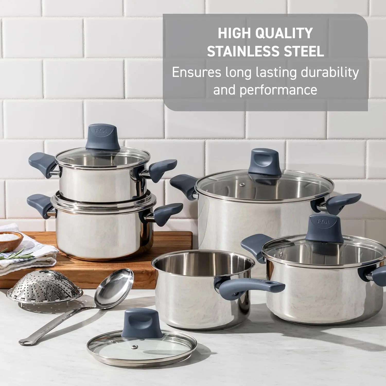 T-fal Essentials Stainless Steel Saute Pan w/Non Stick Coating & Glass Lid, 3.5 Quart, All Cooktops Including Induction, Oven Safe 350F, Heat Indicator, Measuring Marks, Dishwasher Safe, Silver/Blue image 2