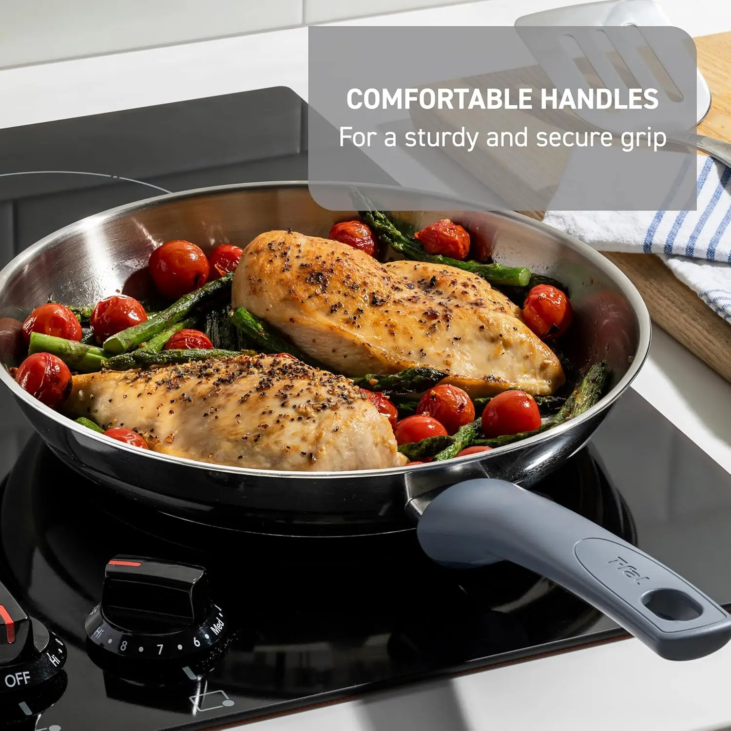 T-fal Essentials Stainless Steel Saute Pan w/Non Stick Coating & Glass Lid, 3.5 Quart, All Cooktops Including Induction, Oven Safe 350F, Heat Indicator, Measuring Marks, Dishwasher Safe, Silver/Blue image 5