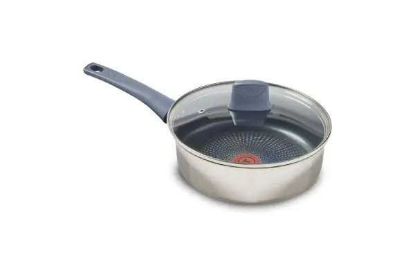 T-fal Essentials Stainless Steel Saute Pan w/Non Stick Coating & Glass Lid, 3.5 Quart, All Cooktops Including Induction, Oven Safe 350F, Heat Indicator, Measuring Marks, Dishwasher Safe, Silver/Blue image