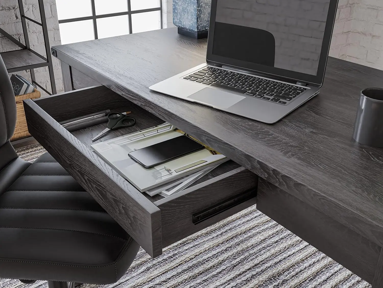 Signature Design by Ashley Freedan Rustic Farmhouse Home Office Desk, Dark Gray image 8