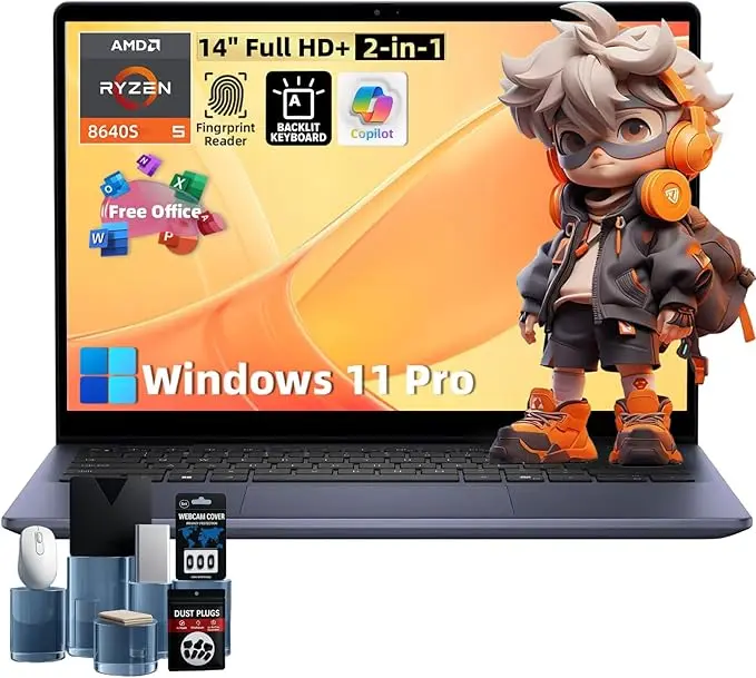 Dell Inspiron 14 2-in-1 Laptop - AMD Ryzen 5 8640HS(> Intel i7-1255U), 14" IPS LED FHD Display, 32GB DDR5, 1TB SSD, Backlit KB, Fingerprint, Win 11 Pro, Office License, w/DVD Drive image 1
