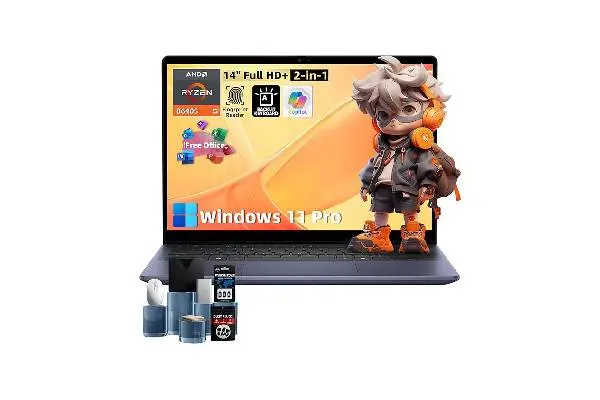 Dell Inspiron 14 2-in-1 Laptop - AMD Ryzen 5 8640HS(> Intel i7-1255U), 14" IPS LED FHD Display, 32GB DDR5, 1TB SSD, Backlit KB, Fingerprint, Win 11 Pro, Office License, w/DVD Drive image