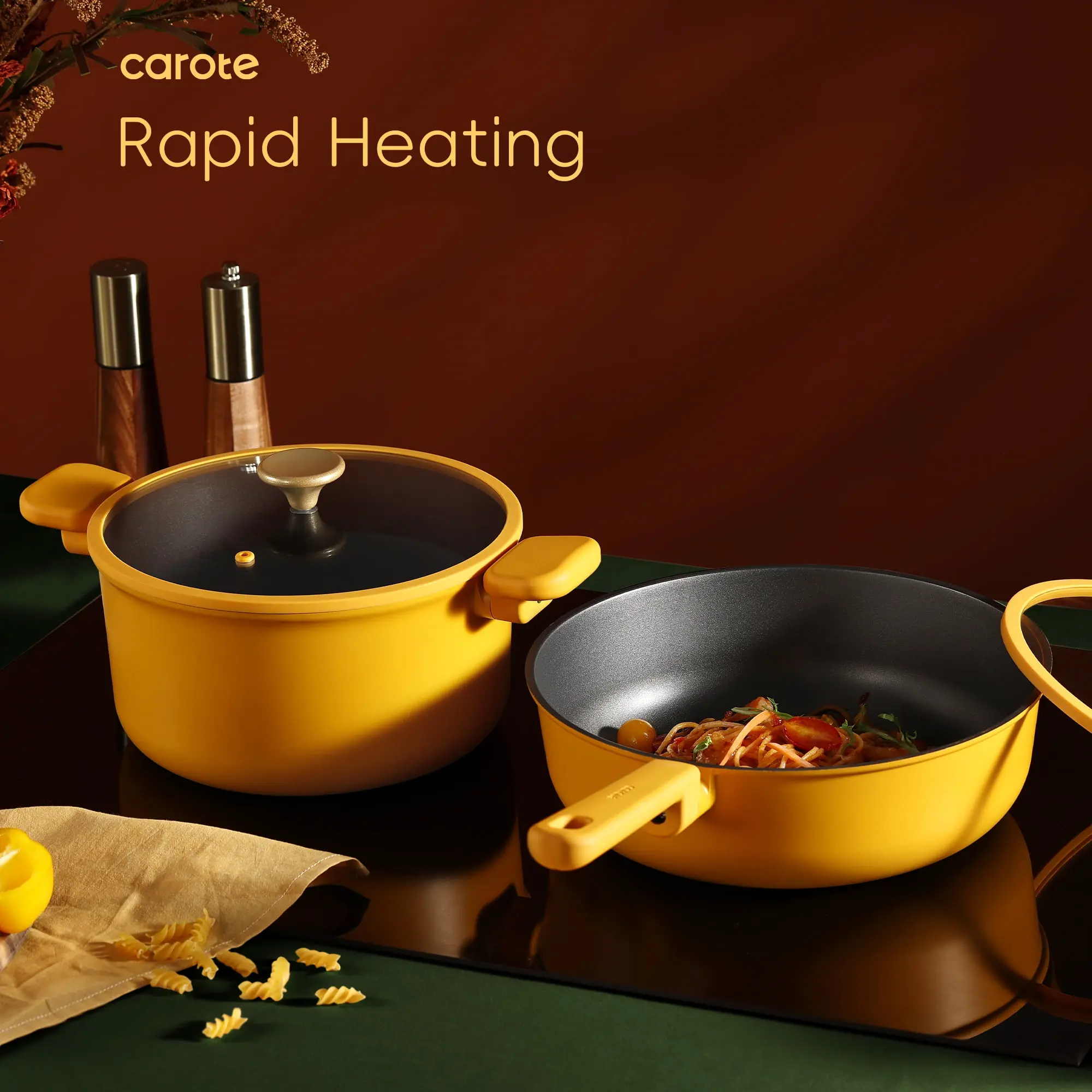 Carote 16 Pcs Kitchen Cookware Sets, Nonstick Pots and Pans Set, Induction Cookware, Lemon Drop image 3