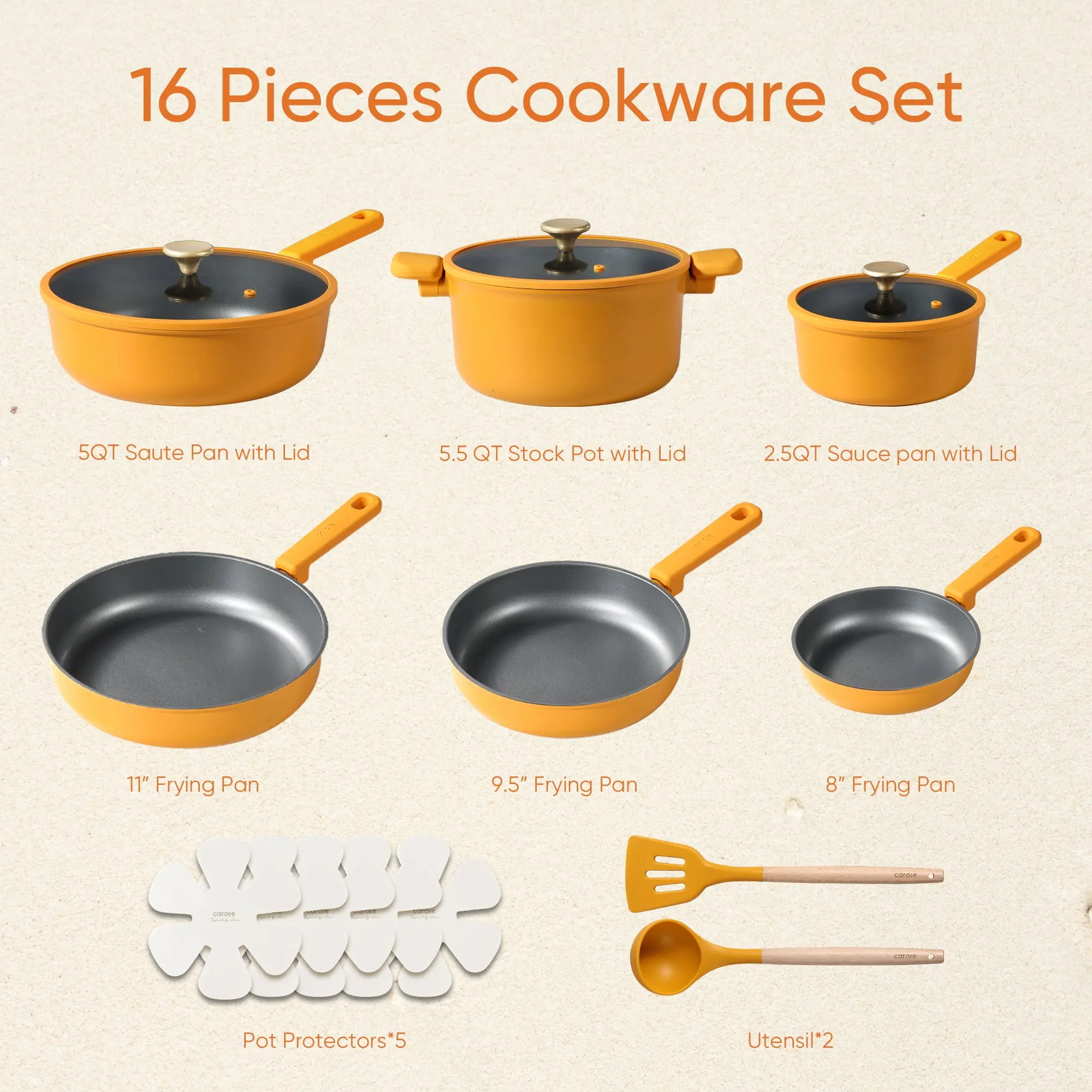 Carote 16 Pcs Kitchen Cookware Sets, Nonstick Pots and Pans Set, Induction Cookware, Lemon Drop image 7