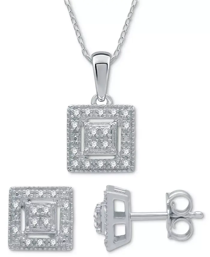 2-Pc. Set Diamond (1/6 ct. t.w.) Square Cluster Pendant Necklace & Matching Stud Earrings in Sterling Silver image 1