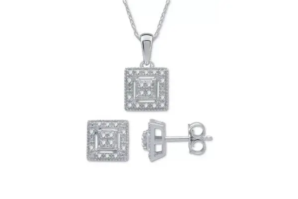 2-Pc. Set Diamond (1/6 ct. t.w.) Square Cluster Pendant Necklace & Matching Stud Earrings in Sterling Silver image