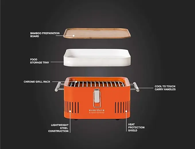 Everdure Cube Portable Charcoal Grill, Tabletop BBQ, Perfect Tailgate, Beach, Patio, or Camping Grill, Lightweight & Compact Small Grill with Preparation Board & Food Storage Tray, Orange image 1