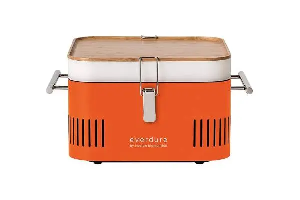 Everdure Cube Portable Charcoal Grill, Tabletop BBQ, Perfect Tailgate, Beach, Patio, or Camping Grill, Lightweight & Compact Small Grill with Preparation Board & Food Storage Tray, Orange image