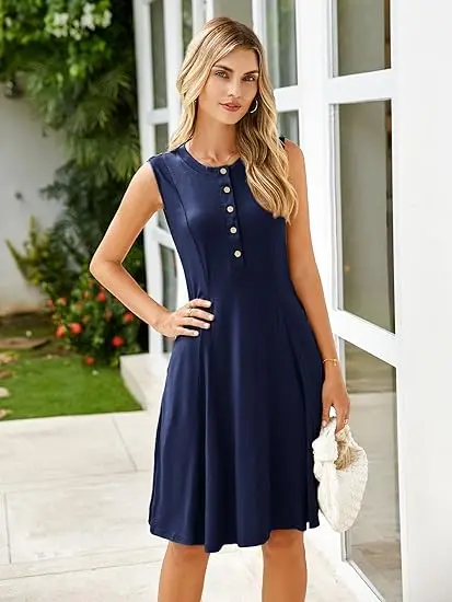 Simplee Womens 2025 Summer Mini Dress - Casual Sleeveless Button Down Vacation Short Sundress with Pockets image 2
