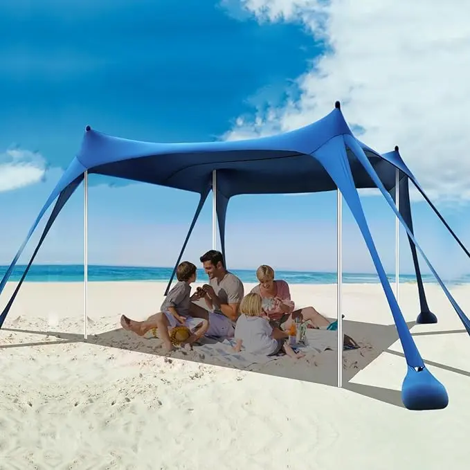 Beach Tent Sun Shelter, 10 x 10 FT Beach Canopy Tent Sun Shade Heavy Duty, UPF50+ Beach Tent Canopy with 8 Sandbags & 4 Stability Poles, Outdoor Beach Shade Canopy for Camping and Fishing, Blue image
