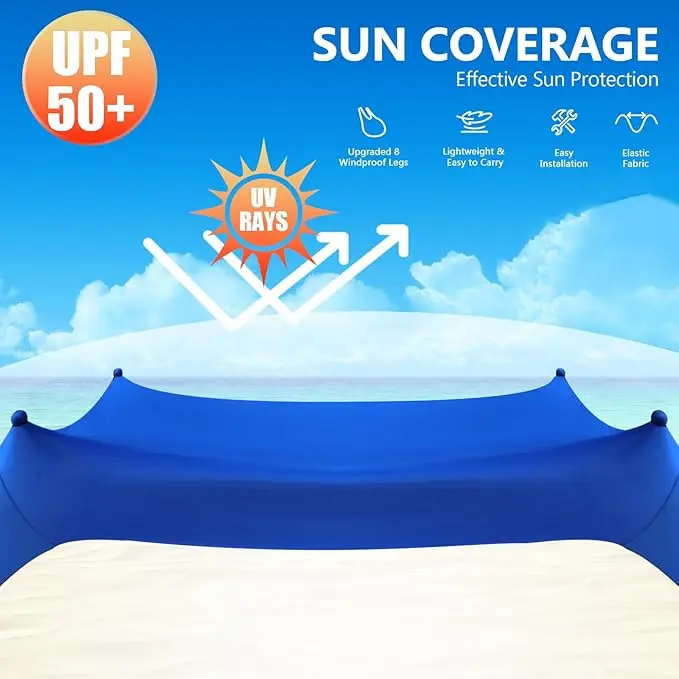 Beach Tent Sun Shelter, 10 x 10 FT Beach Canopy Tent Sun Shade Heavy Duty, UPF50+ Beach Tent Canopy with 8 Sandbags & 4 Stability Poles, Outdoor Beach Shade Canopy for Camping and Fishing, Blue image 2