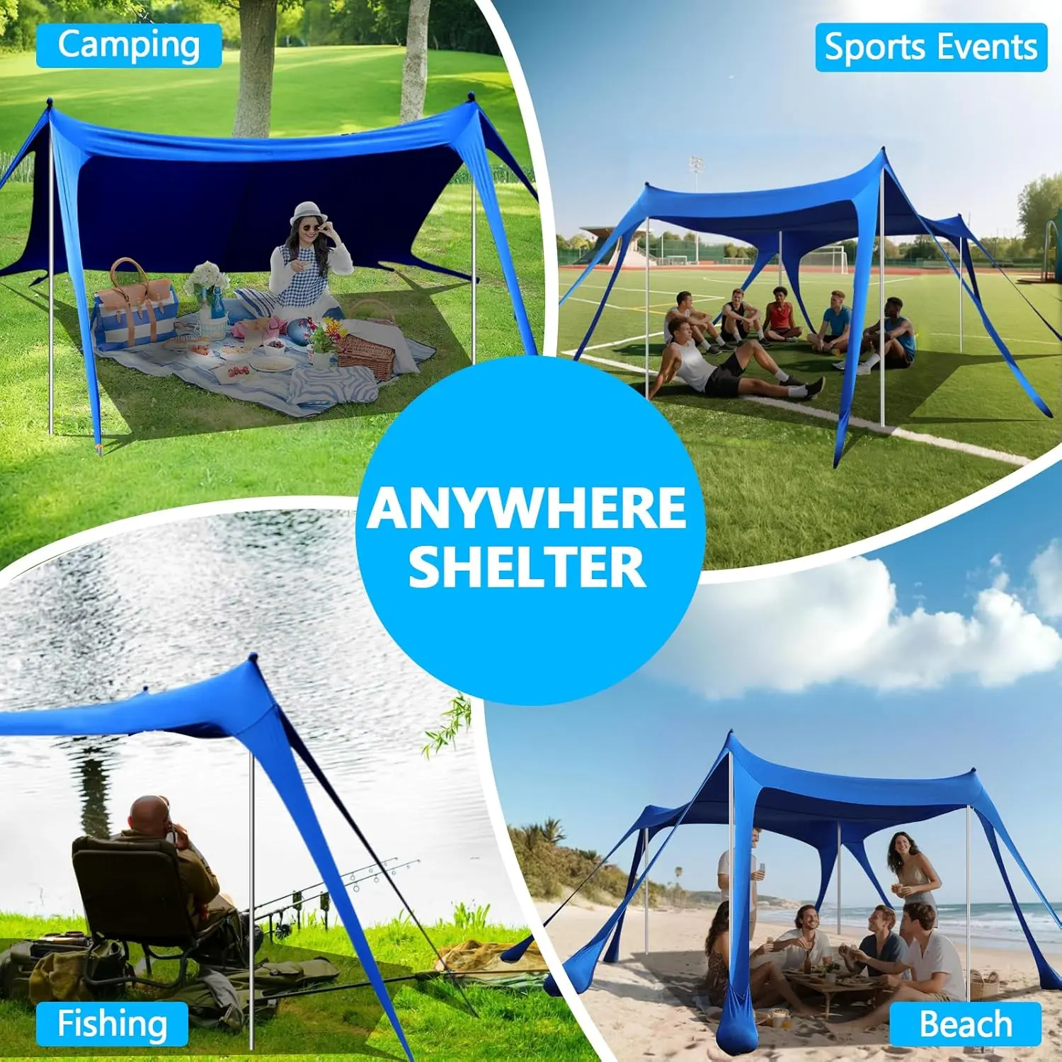 Beach Tent Sun Shelter, 10 x 10 FT Beach Canopy Tent Sun Shade Heavy Duty, UPF50+ Beach Tent Canopy with 8 Sandbags & 4 Stability Poles, Outdoor Beach Shade Canopy for Camping and Fishing, Blue image 8