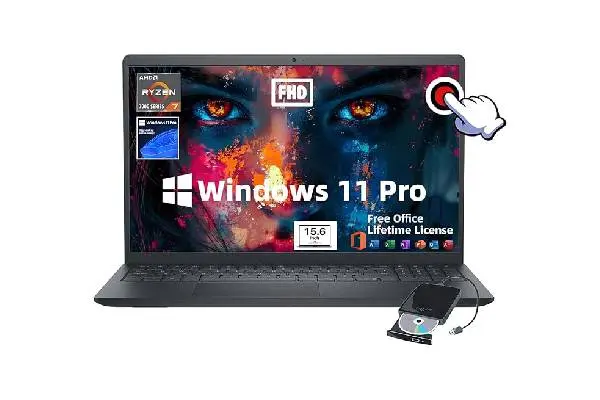 Dell Inspiron 15 Business Laptop- w/Office Lifetime & External DVD Drive, AMD Ryzen 7 7730U (8-Core) CPU, 15.6" FHD (1920 x 1080) Touchscreen, Win 11 Pro(32 GB RAM, 1 TB SSD) image