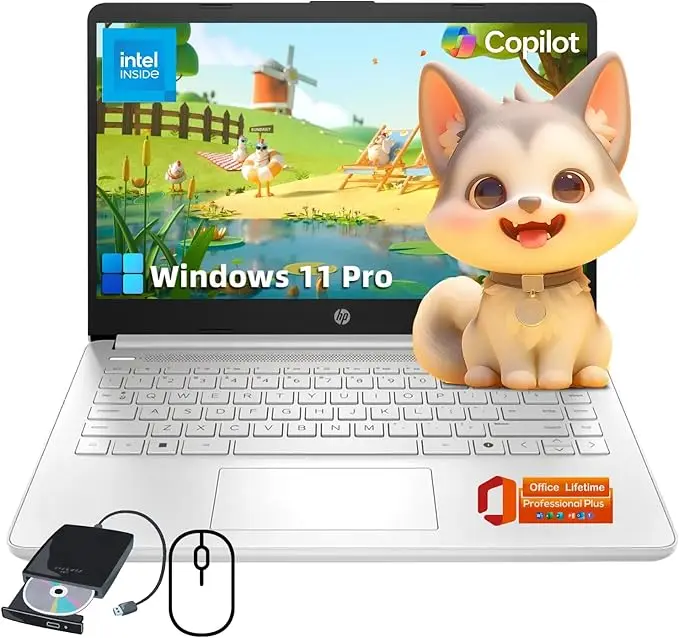 HP Ultra-Portable Laptop for Student and Business - 14" HD Display • Intel 4-Core N150 • Windows 11 Pro • Microsoft Office Lifetime & External DVD Drive • 16GB RAM • 128GB UFS + 256GB Micro SD image 1