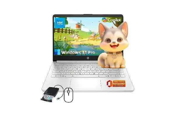 HP Ultra-Portable Laptop for Student and Business - 14" HD Display • Intel 4-Core N150 • Windows 11 Pro • Microsoft Office Lifetime & External DVD Drive • 16GB RAM • 128GB UFS + 256GB Micro SD image