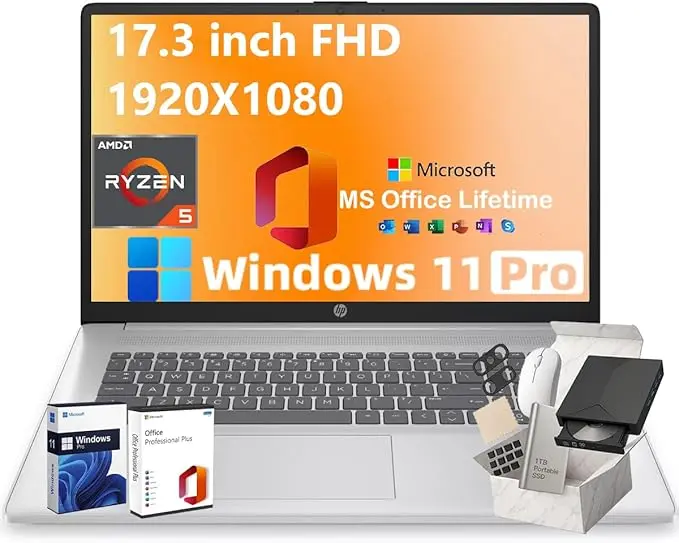 HP 17.3" FHD Laptop for Business & Students - w/External DVD Drive & Office Lifetime License, AMD Ryzen 5 7430U CPU, 250 Nits IPS Display, Webcam, Wifi6, Win 11 Pro (64GB RAM 2TB SSD) image 1
