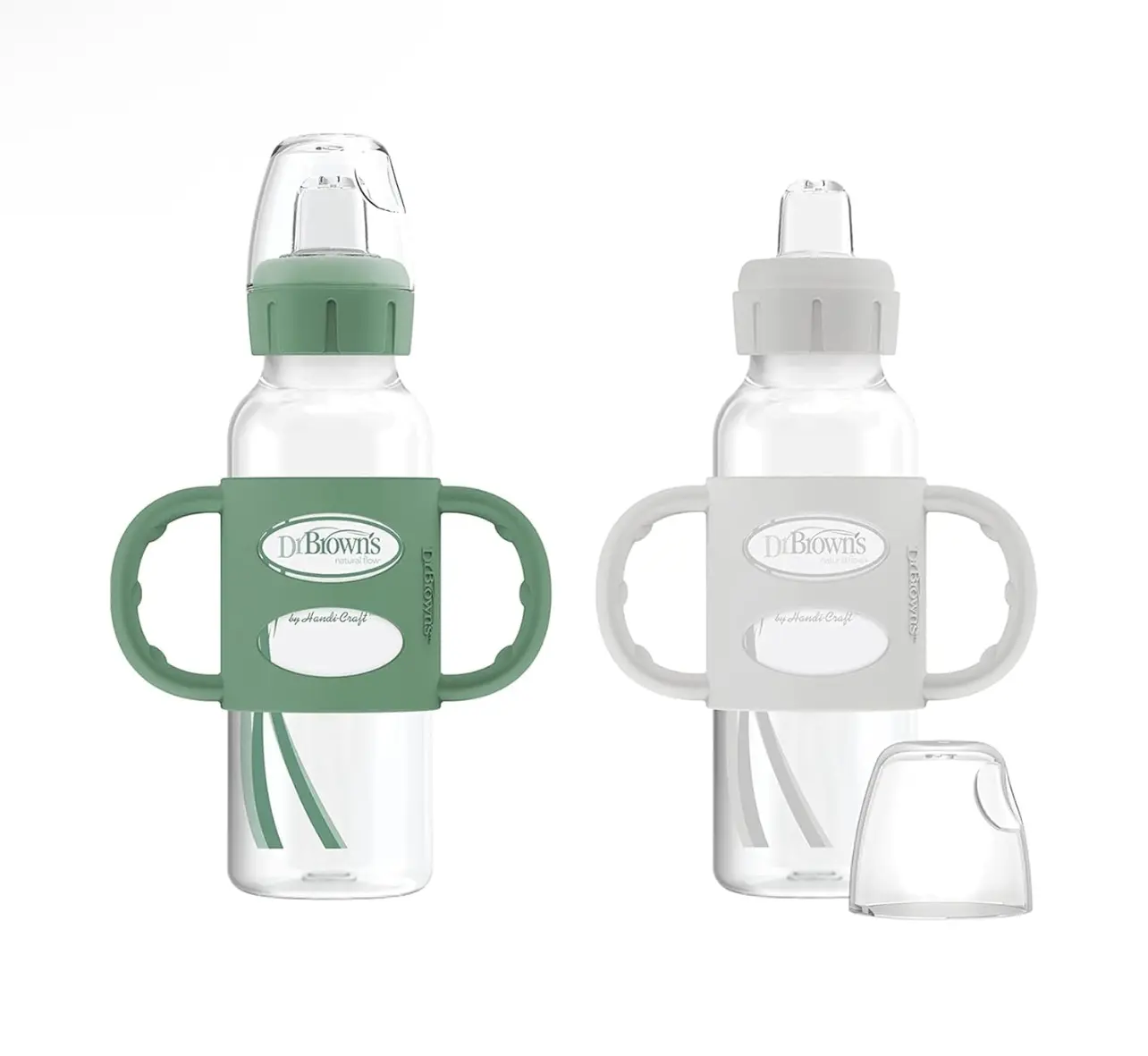 Dr. Brown's Milestones Narrow Sippy Spout Bottle with 100% Silicone Handles, Easy-Grip Handles with Soft Sippy Spout, 8oz/250mL, Green & Gray, 2-Pack,  image