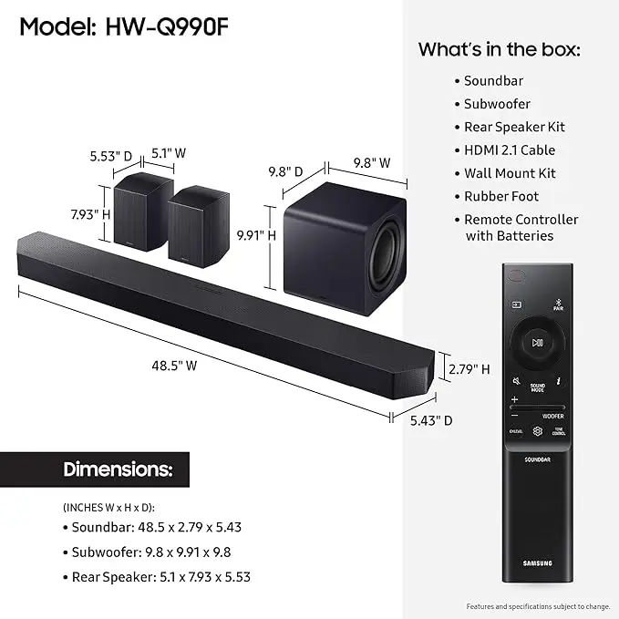 SAMSUNG Q990F 11.1.4ch Q Series Subwoofer + Rear Speaker, Wireless Dolby Atmos, Q-Symphony, Game Mode Pro, Adaptive Sound (HW-Q990F, 2025) image 2