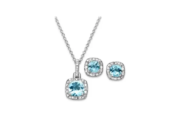 Macy's Blue Topaz (3-1/10 ct. t.w.) & Diamond Accent Sterling Silver 18" Pendant Necklace and Stud Earrings Set image