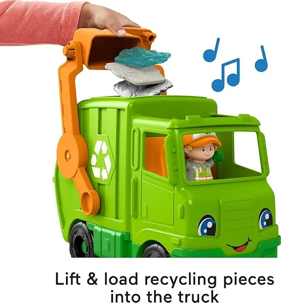 Fisher-Price Little People Toddler Toy Recycling Truck Musical Garbage Vehicle with Figure for Preschool Pretend Play Ages 1+ Years image 3