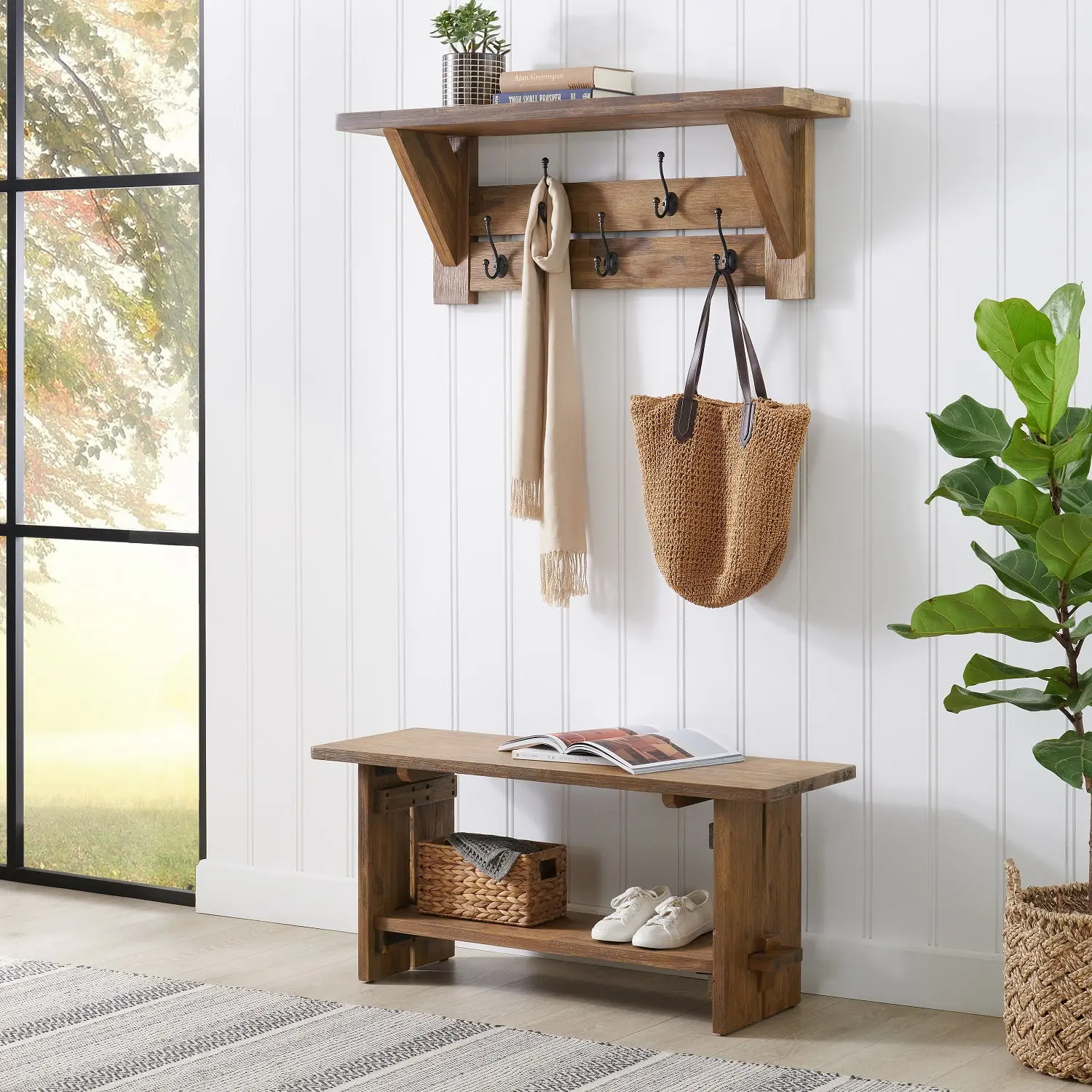 Alaterre Furniture Bethel Acacia Wood 40"W Bench and Coat Hook with Shelf, Natural Image